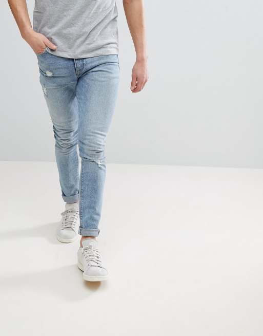 ASOS DESIGN super skinny jeans in mid wash blue with abrasions