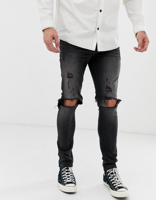 Asos Design Super Skinny Jeans In Washed Black With Heavy Rips Asos 