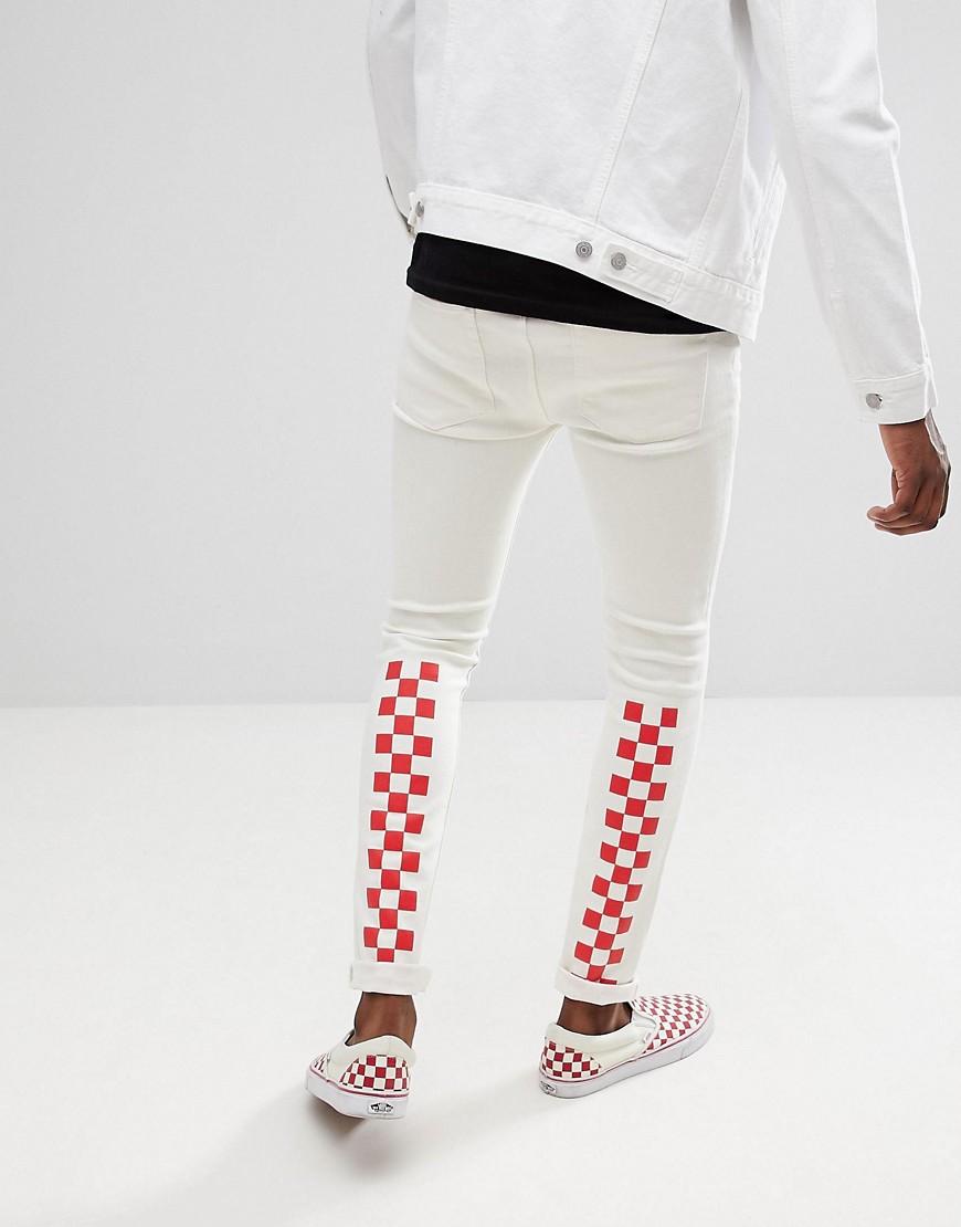Asos Design Super Skinny Jeans In White With Red Checkerboard Print-blue