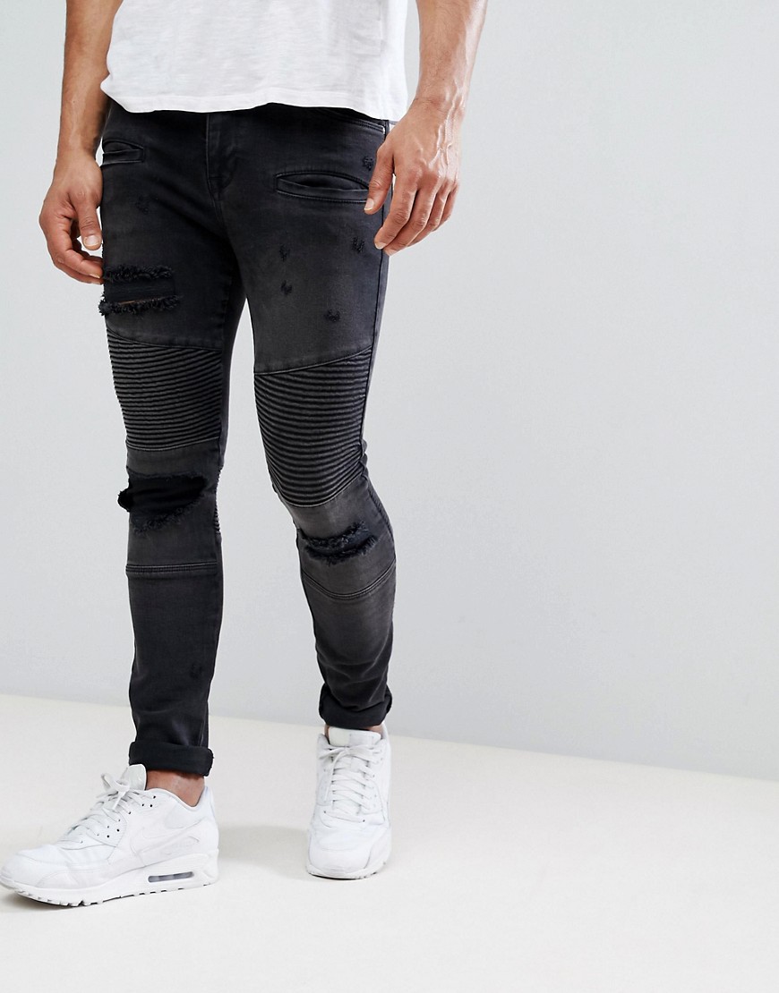 ASOS DESIGN super skinny jeans with abrasions in biker style-Black
