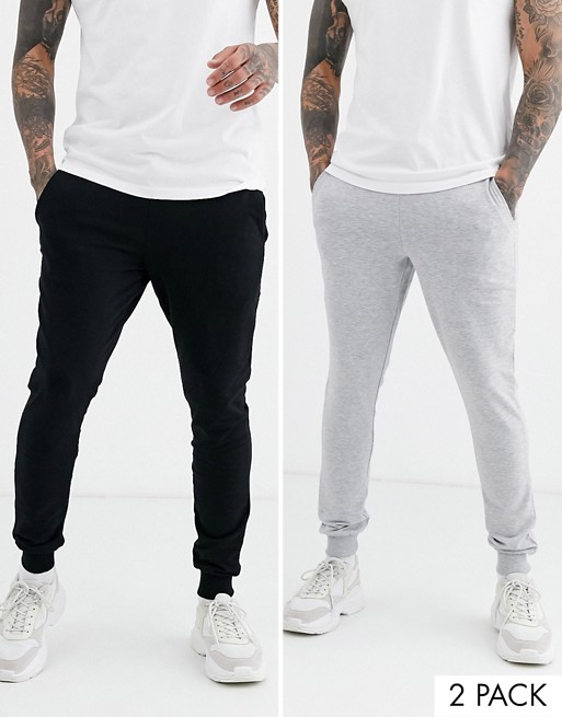 ASOS DESIGN super skinny joggers 2 pack in black/grey marl | ASOS