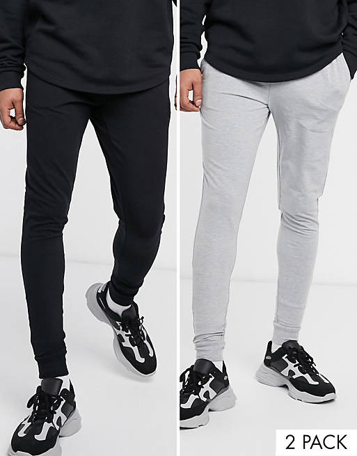 ASOS DESIGN super skinny lightweight joggers 2 pack in black/grey marl ...