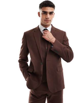 Asos Design Super Skinny Linen Mix Suit Jacket In Brown