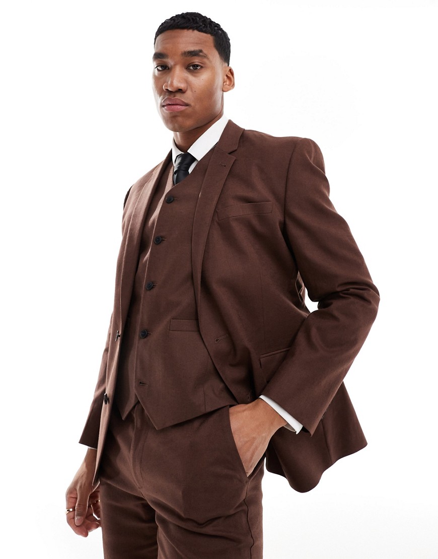 Asos Design Super Skinny Linen Mix Suit Jacket In Brown