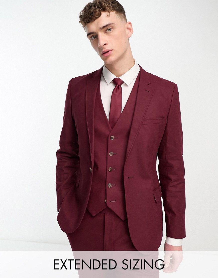ASOS DESIGN super skinny linen mix suit jacket in burgundy-Red