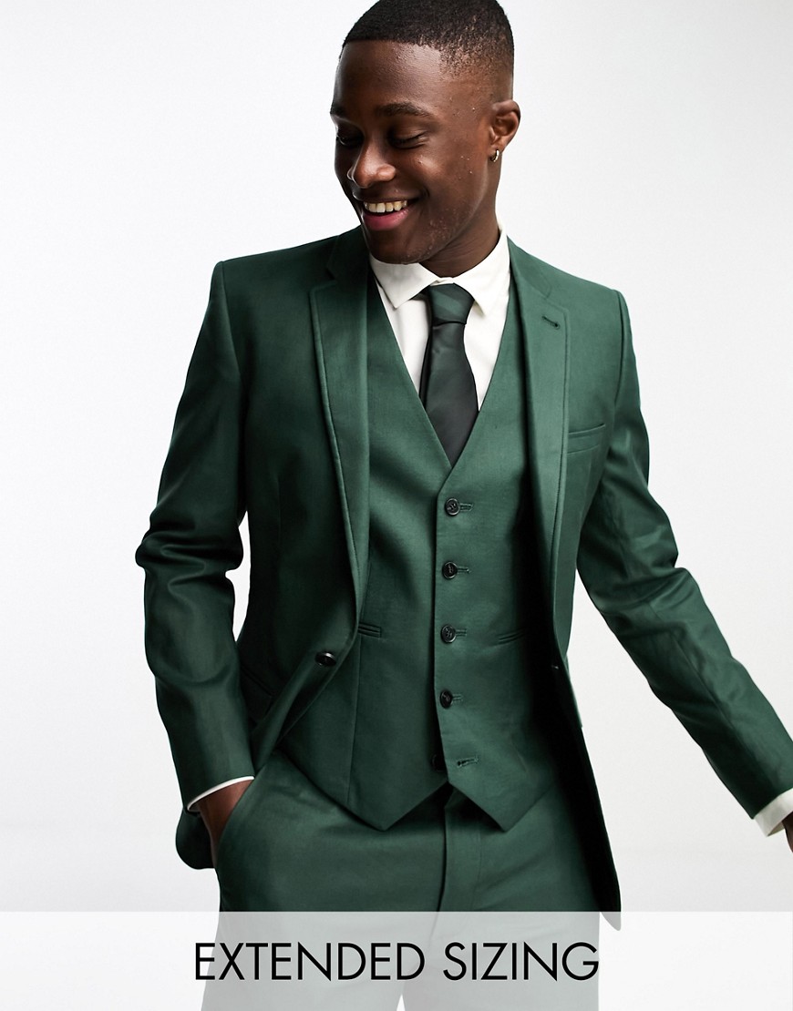 Asos Design Super Skinny Linen Mix Suit Jacket In Forest Green