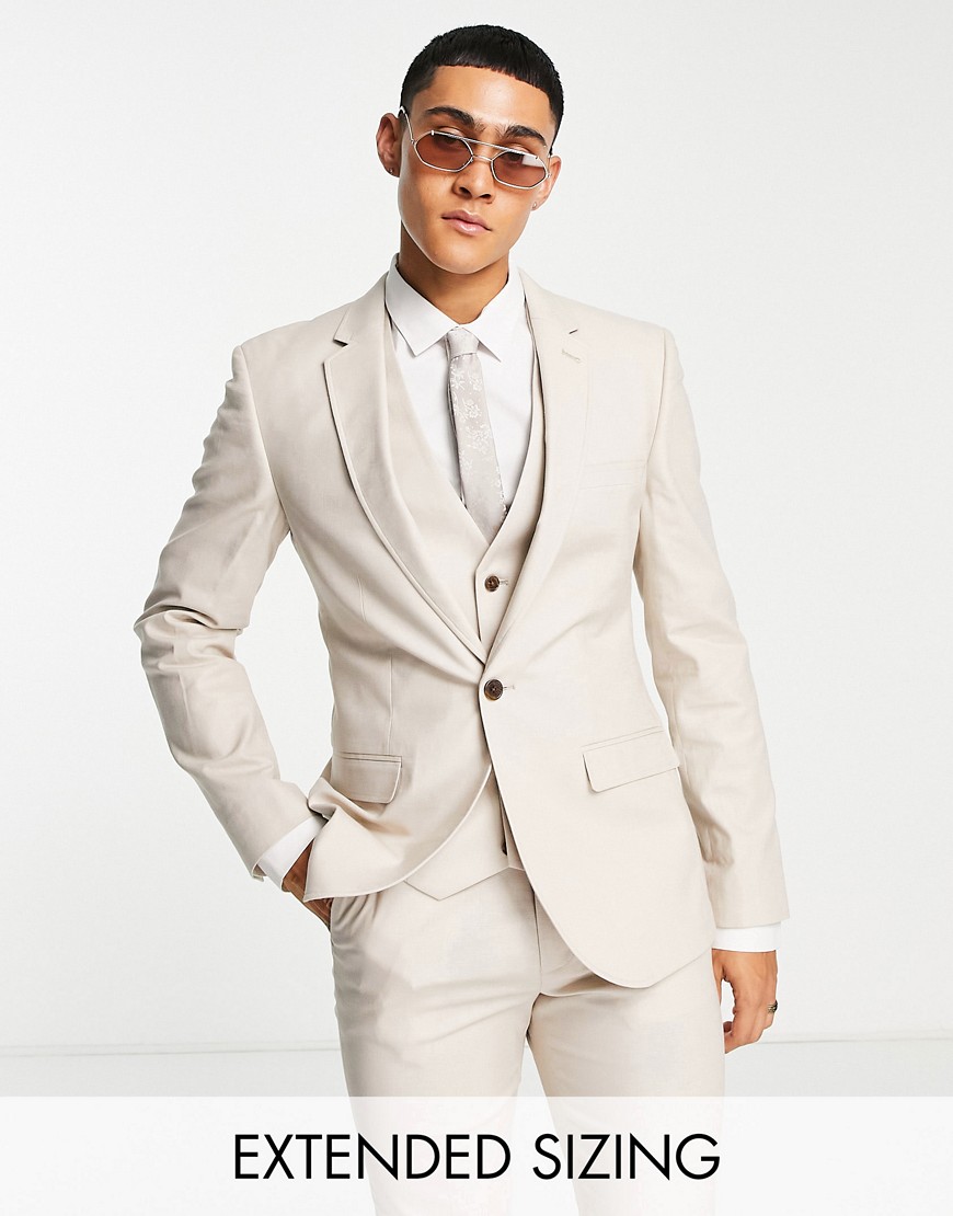 ASOS DESIGN super skinny linen mix suit jacket in stone-Neutral