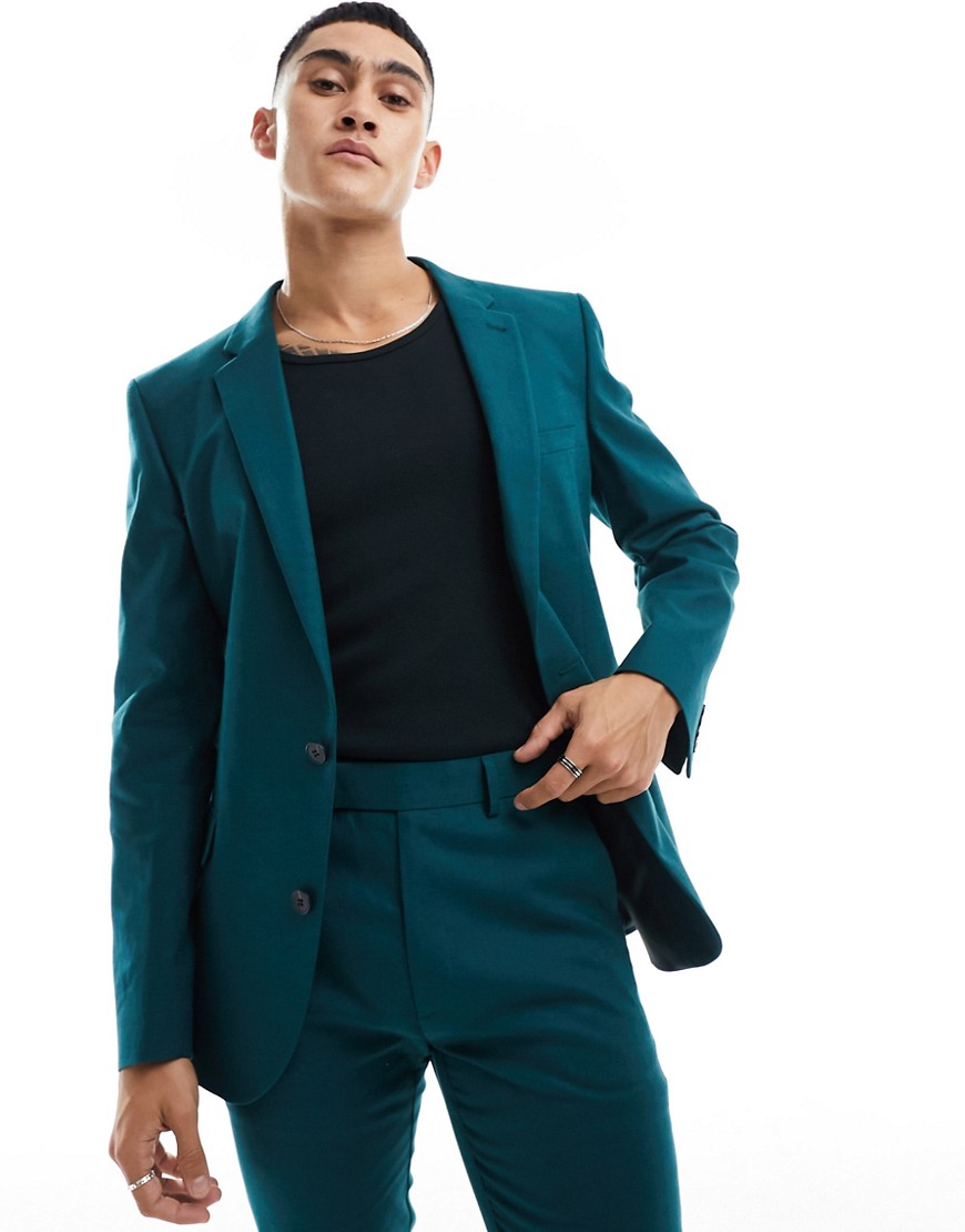 Asos Design Super Skinny Linen Mix Suit Jacket In Teal Green