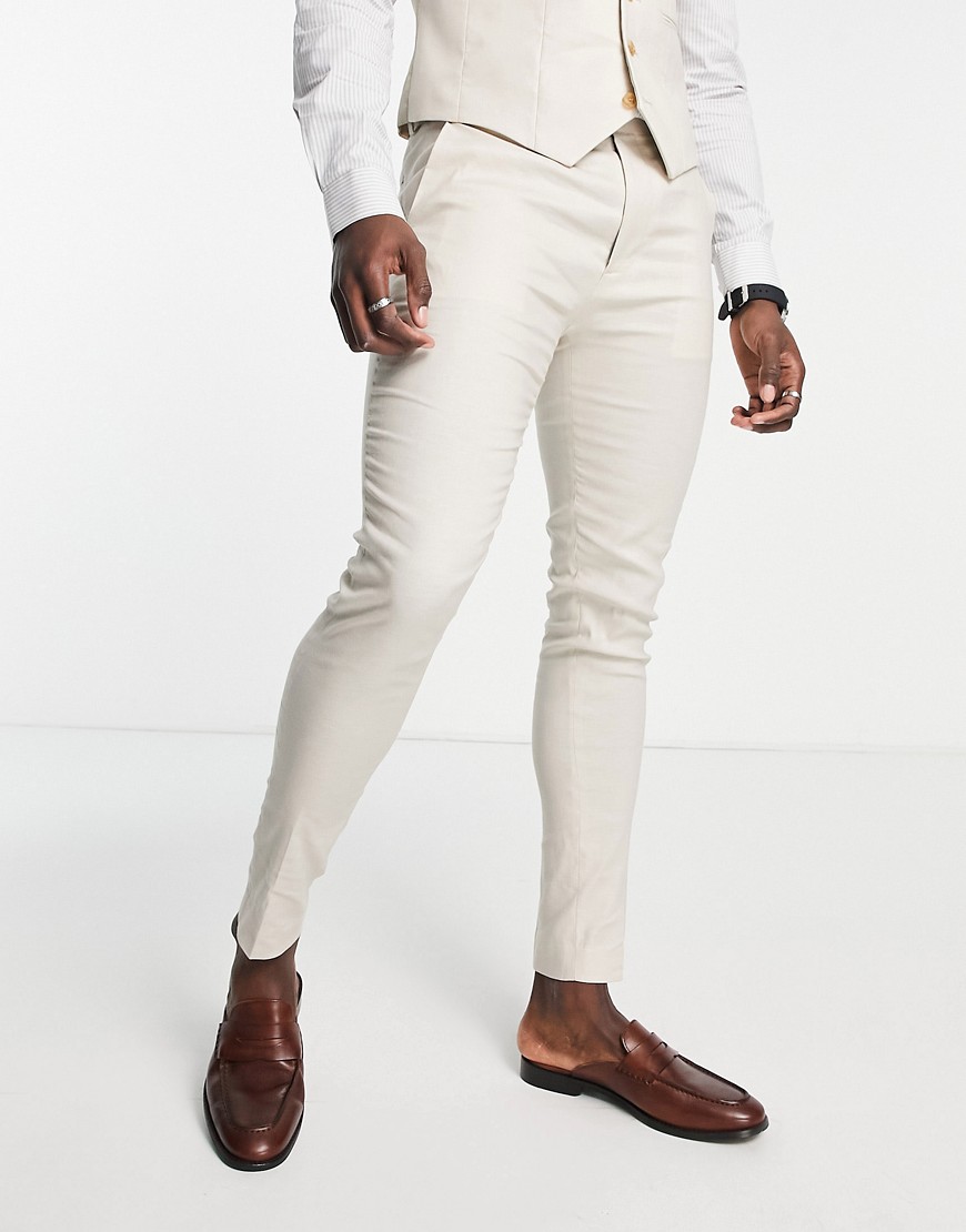 ASOS DESIGN super skinny linen mix suit pants in stone-Neutral
