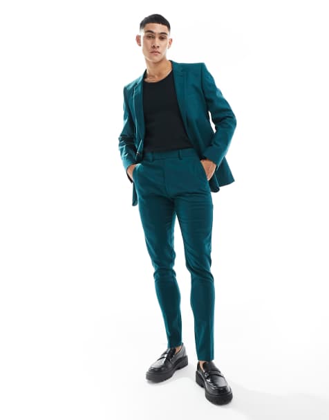 ASOS DESIGN super skinny linen mix suit pants in teal green - view 1