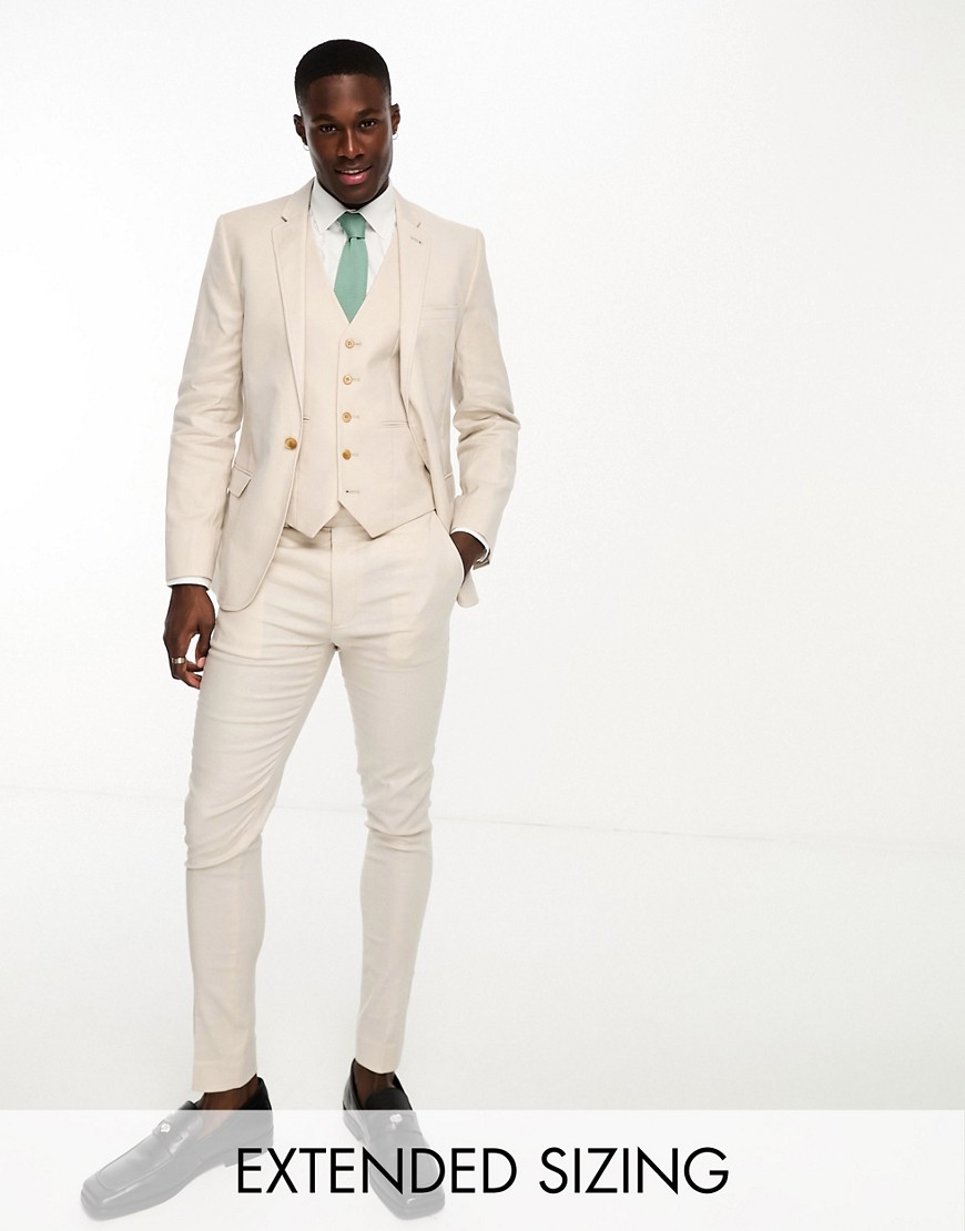 ASOS DESIGN super skinny linen mix suit trouser in stone-Neutral