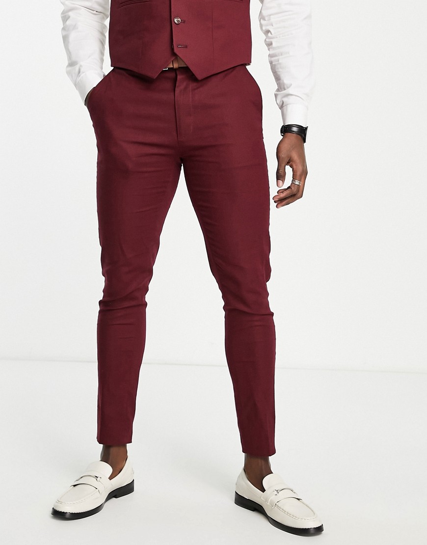 ASOS DESIGN super skinny linen mix suit trousers in burgundy-Red