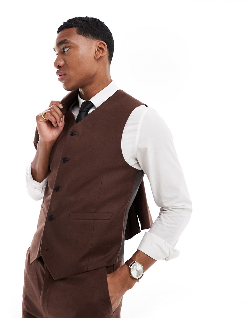 Asos Design Super Skinny Linen Mix Suit Vest In Brown