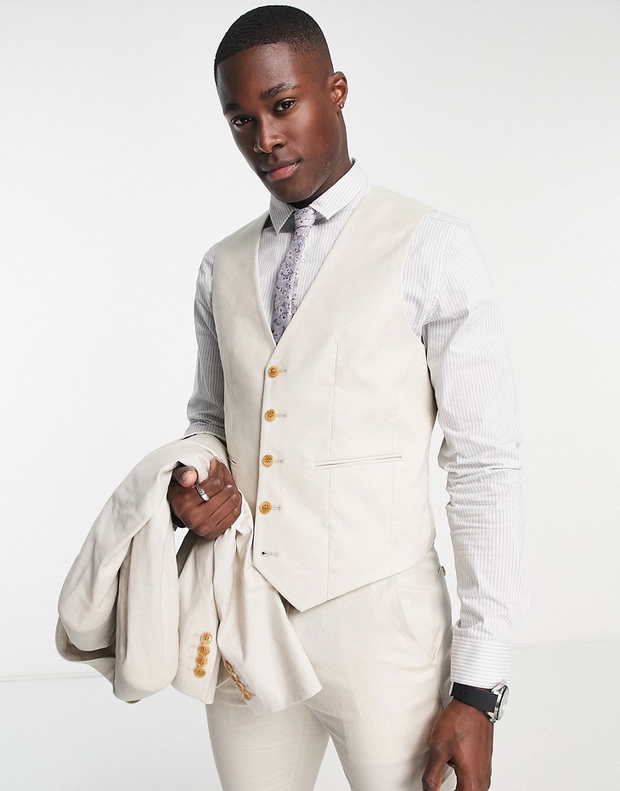 ASOS DESIGN super skinny linen mix suit waistcoat in stone-Neutral