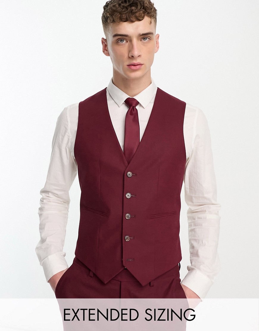 ASOS DESIGN super skinny linen mix waistcoat in burgundy-Red