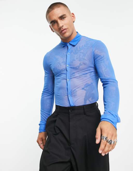 ASOS DESIGN super skinny mesh shirt in bright blue