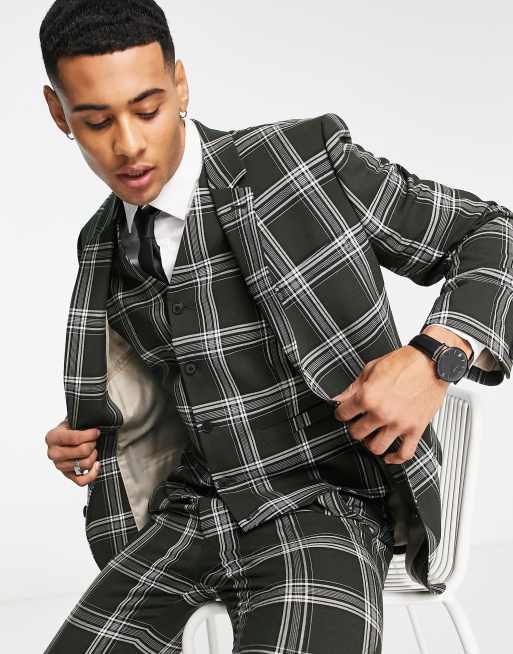 DESIGN super skinny mix and match green check suit jacket |