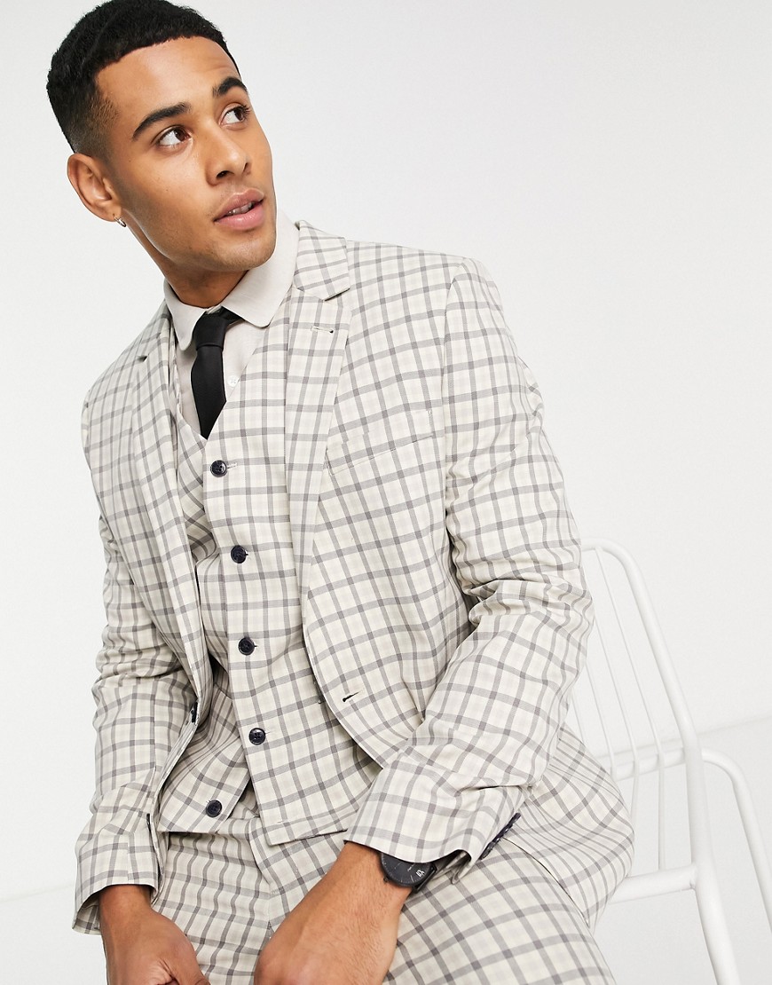 ASOS DESIGN super skinny mix and match stone gingham check suit jacket-Neutral