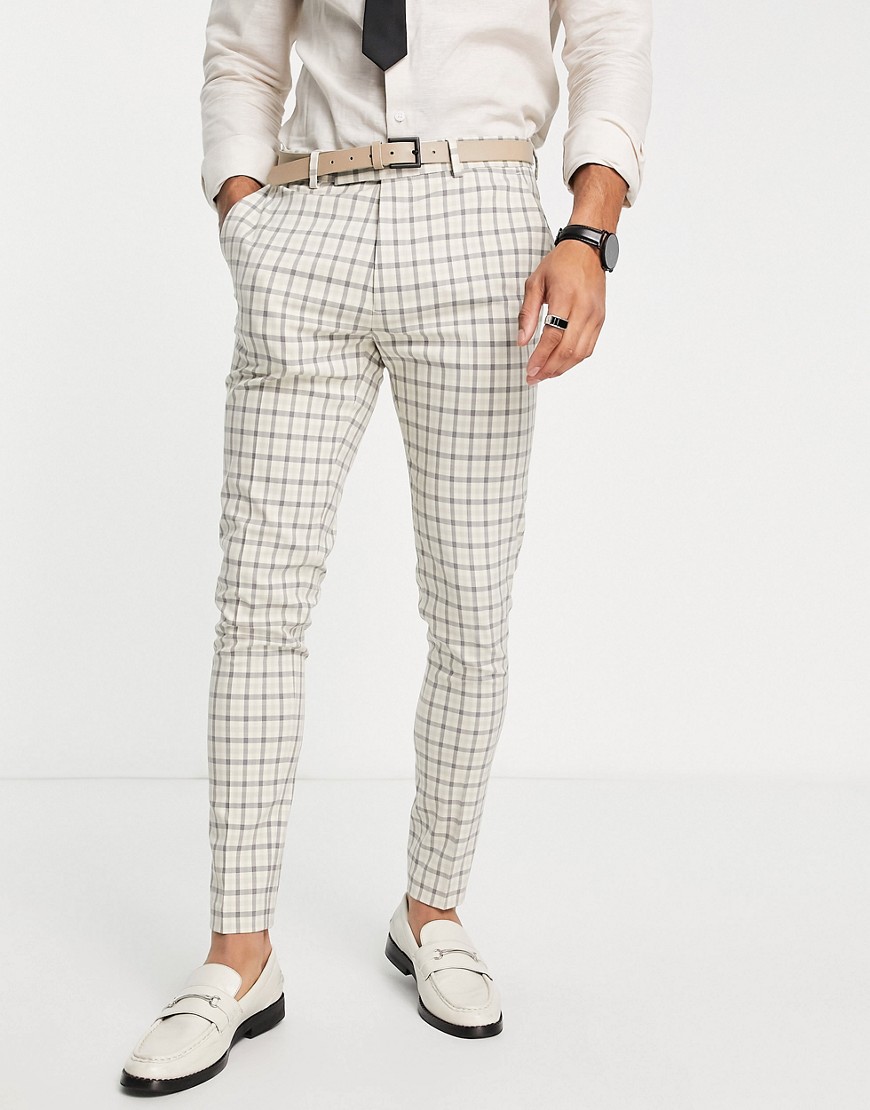 ASOS DESIGN super skinny mix and match suit trousers in stone gingham-Neutral