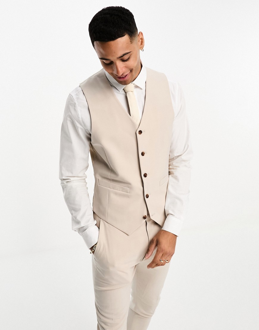 Asos Design Super Skinny Linen Mix Vest In Stone-neutral