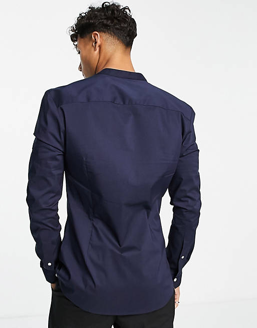 Shirts super skinny muscle fit shirt with contrast buttons in navy 