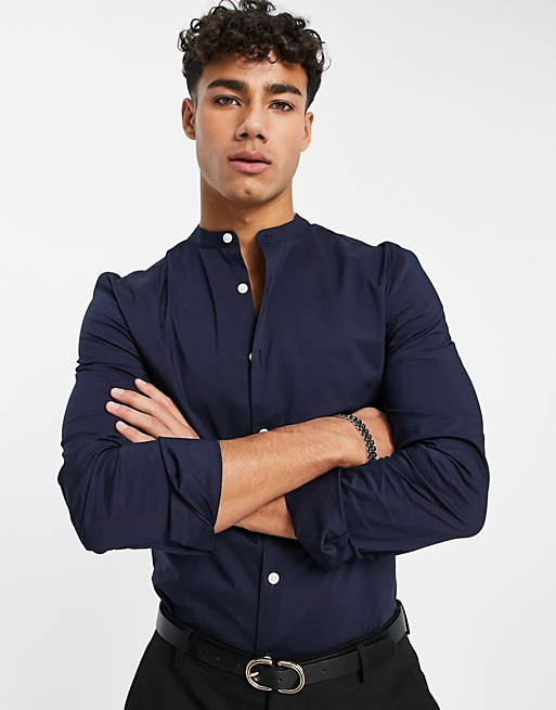 Shirts super skinny muscle fit shirt with contrast buttons in navy 