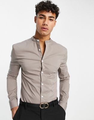 ASOS DESIGN super skinny muscle fit shirt with contrast buttons in taupe