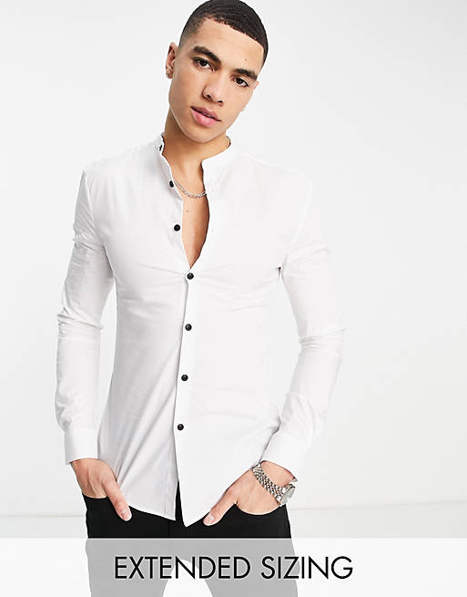 Men super skinny muscle fit shirt with contrast buttons in white 