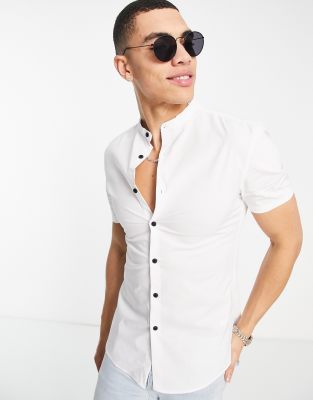 Asos Design Super Skinny Muscle Fit Shirt With Contrast Buttons In