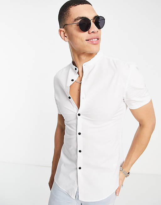 Men super skinny muscle fit shirt with contrast buttons in white 