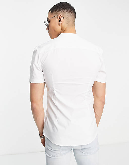 Shirts super skinny muscle fit shirt with contrast buttons in white 
