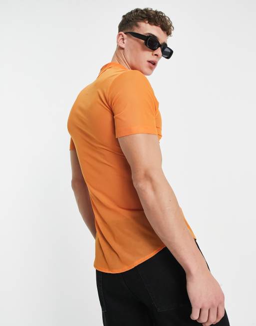 ASOS DESIGN - Super skinny overhemd van mesh in fel oranje, 2 van 4