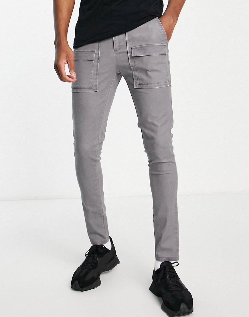 Asos Design Super Skinny Pants With Front Pockets In Charcoal-gray