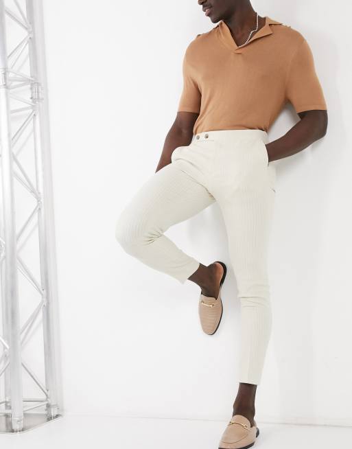 ASOS DESIGN super skinny pin stripe smart pants in off-white with waist interest