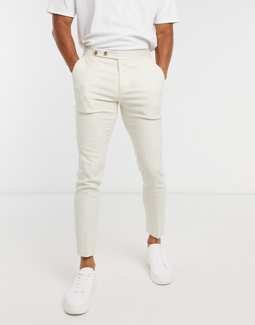 ASOS DESIGN super skinny pin stripe smart trousers in off white with waist interest