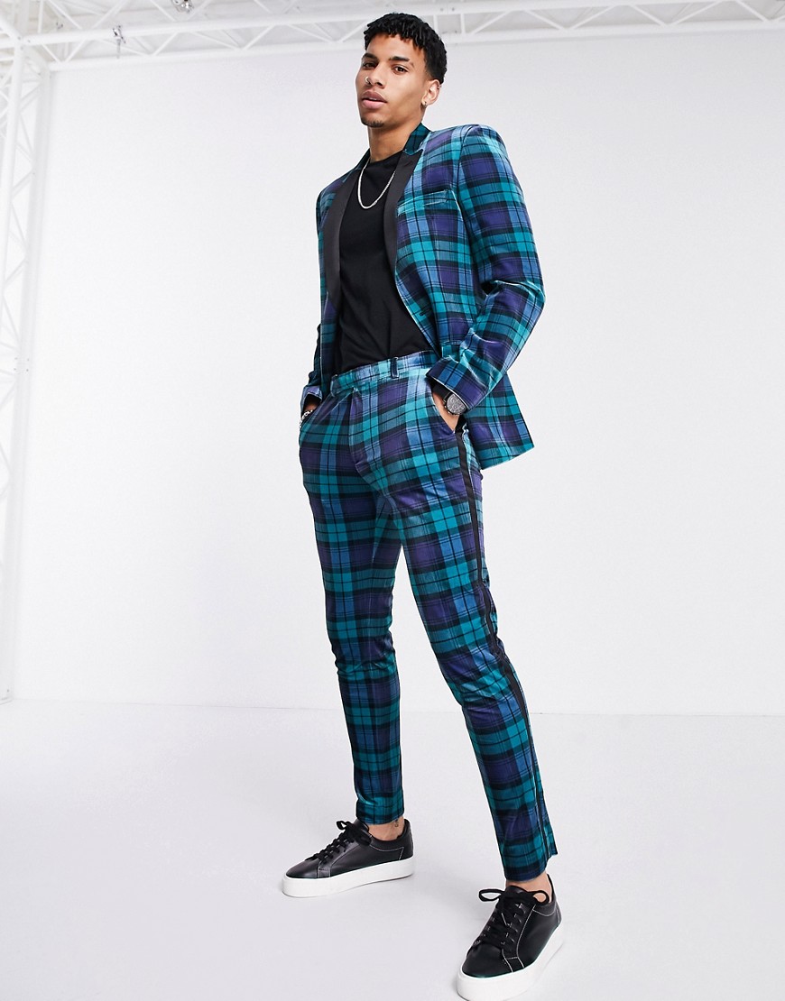 ASOS DESIGN super skinny plaid velvet tuxedo suit pants in blue-Black