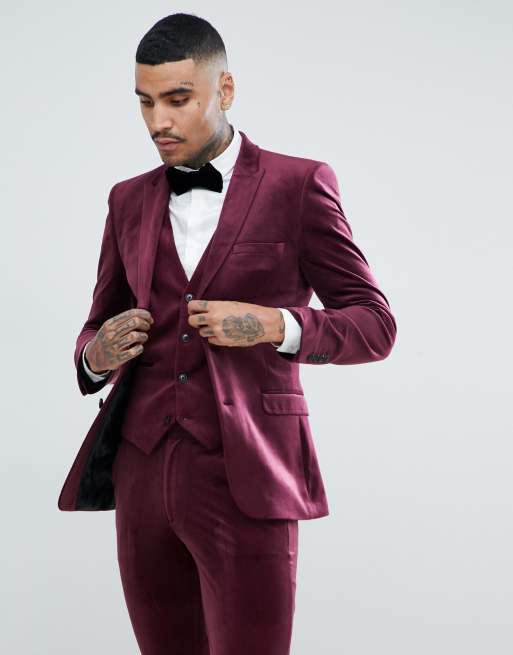 ASOS DESIGN skinny velvet smoking jacket in burgundy