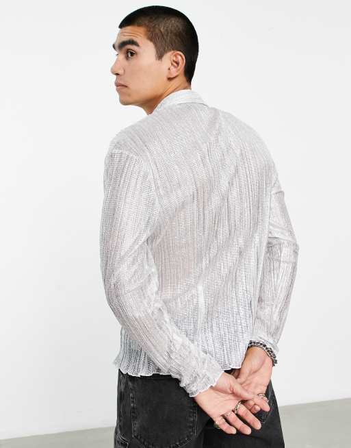ASOS DESIGN super skinny shirt in silver metallic plisse, 2 of 4