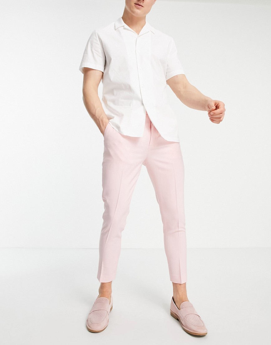 Asos Design Smart Skinny Joggers With Cuff In Pink Linen Mix - Part Of A Set