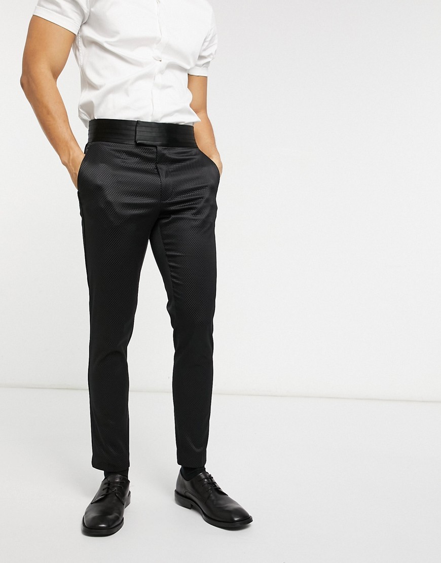 ASOS DESIGN super skinny smart pants in black geo jacquard with cummerbund waistband