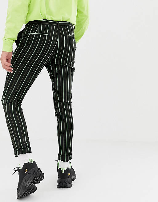 ASOS DESIGN super skinny smart pants in black with bright green stripe