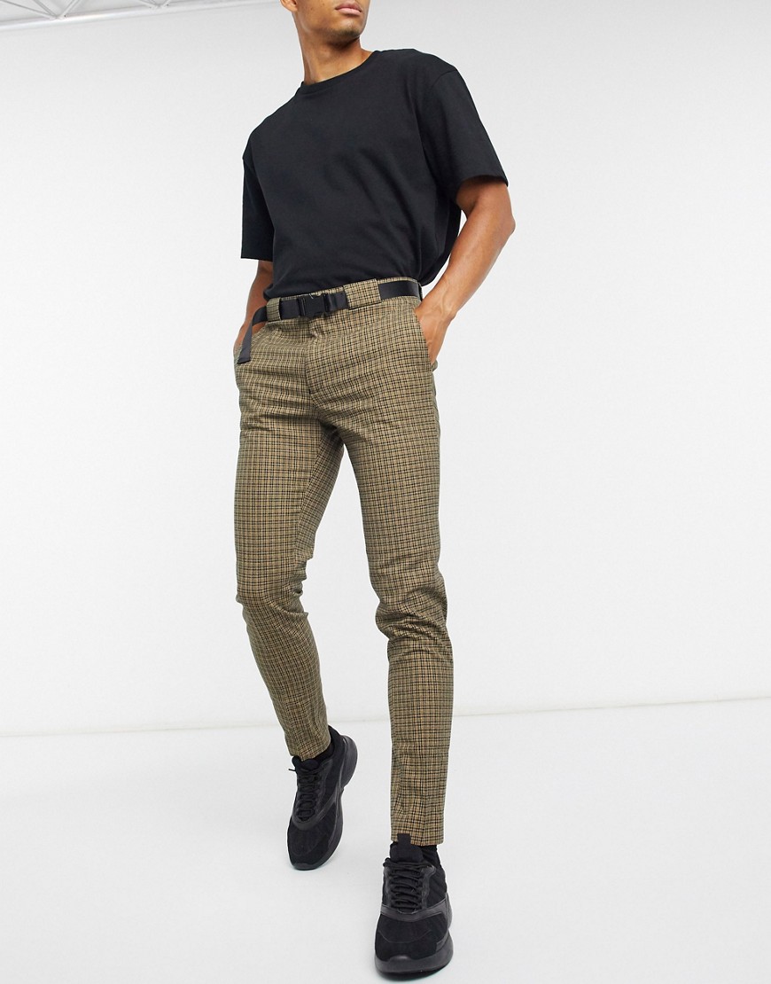 ASOS DESIGN super skinny smart pants in brown micro check and utility belt
