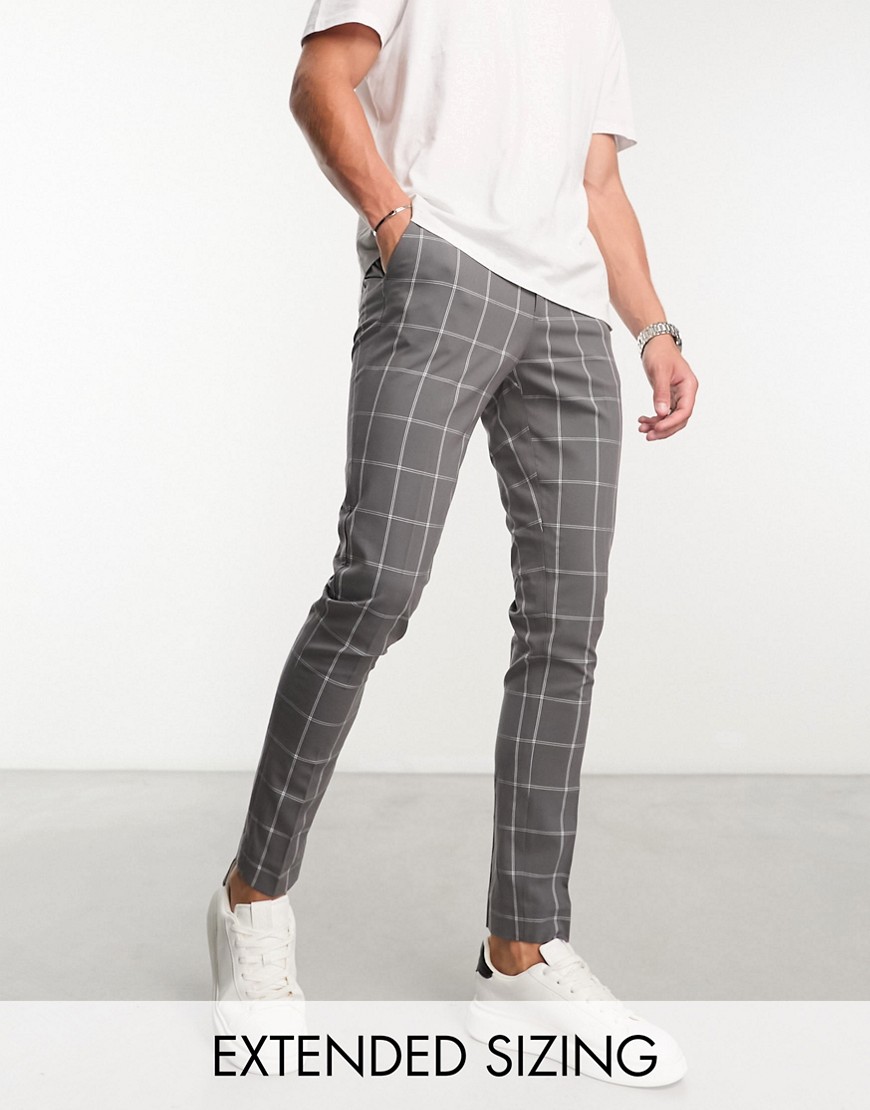 Asos Design Super Skinny Smart Pants In Charcoal Window Pane Plaid-gray