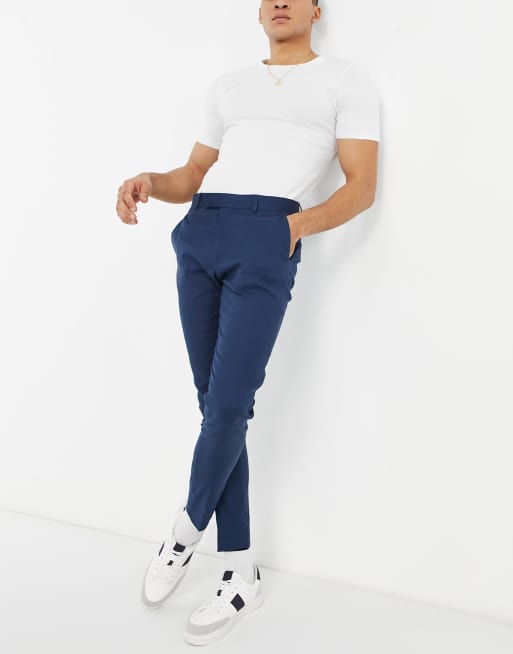 ASOS DESIGN super skinny smart pants in navy linen mix, 4 of 4