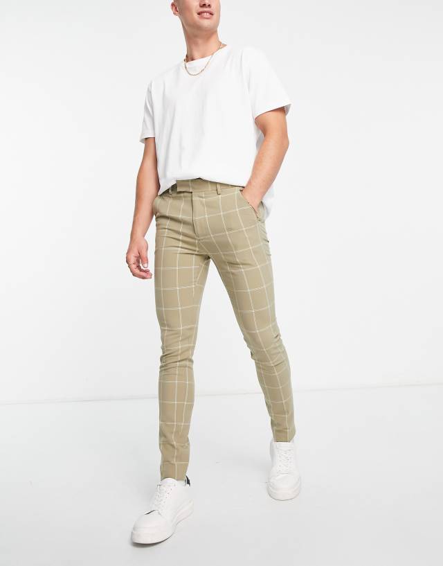 ASOS DESIGN super skinny smart pants with window plaid in stone