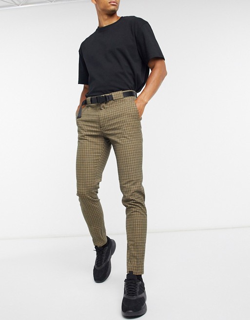 ASOS DESIGN super skinny smart trouser in brown micro check and utility belt