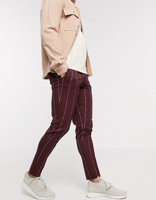 ASOS DESIGN super skinny smart trousers in burgundy pinstripe
