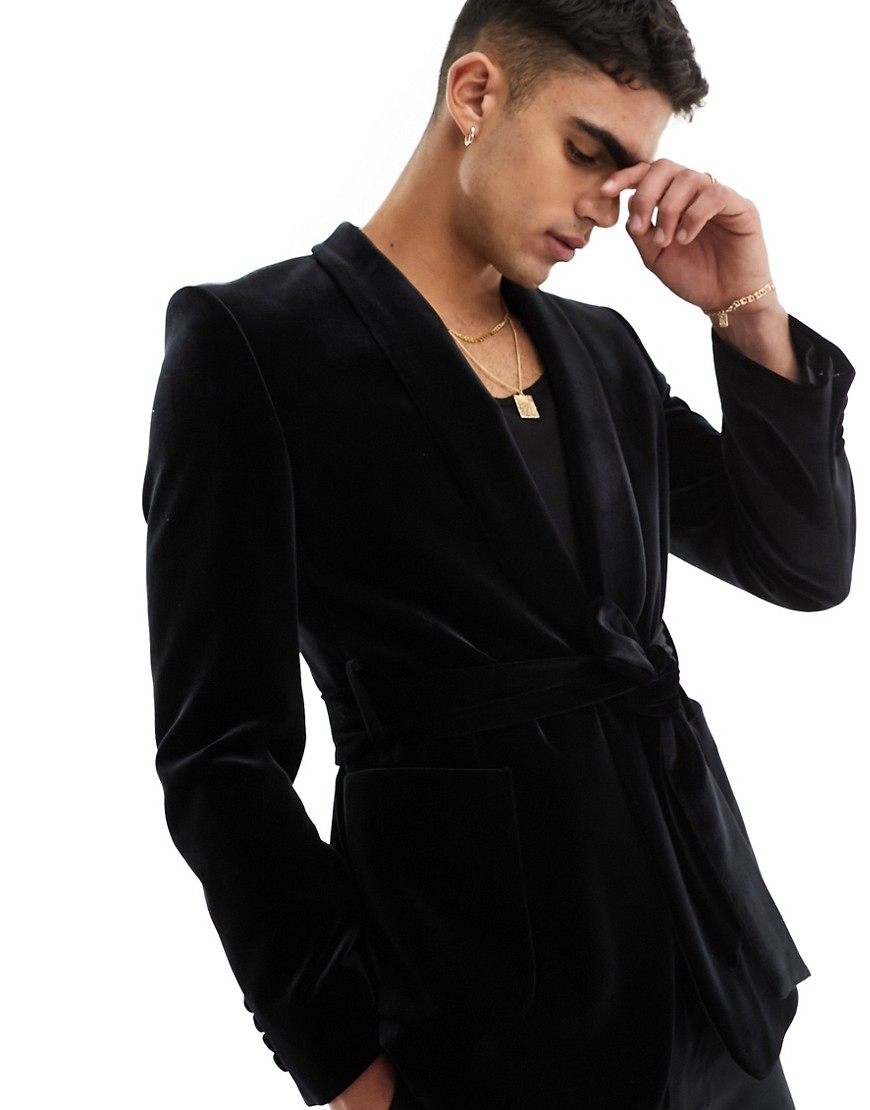 ASOS DESIGN super skinny smoking jacket in black velvet with belt