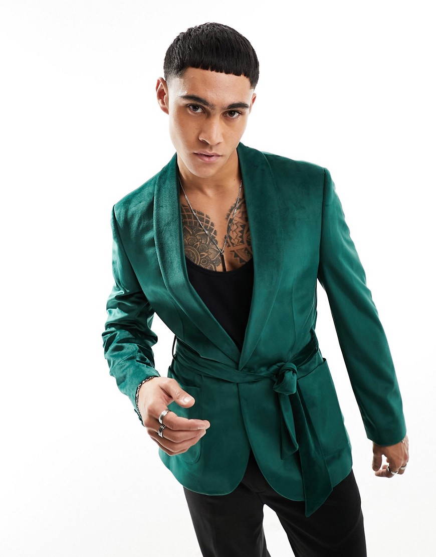 super skinny smoking jacket in dark green velvet with belt