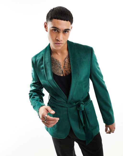 ASOS DESIGN super skinny smoking jacket in dark green velvet with belt ASOS